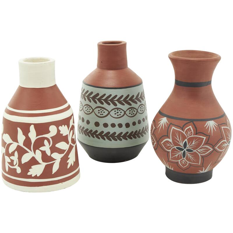Ceramic Floral Decorative Vase with 3 Different Patterns and Shapes - Set of 3 Orange - Roche River Decor