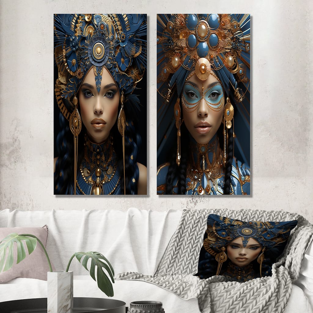 Designart "Gold & Black Queen Nefertiti Of Egypt Portrait IV" Woman African American Canvas Set Of 2 - Modern Wall Art