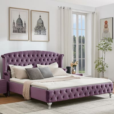 Christopher Knight Home - Larkswood Velvet Upholstered King Size Bed Frame with Wingback Headboard