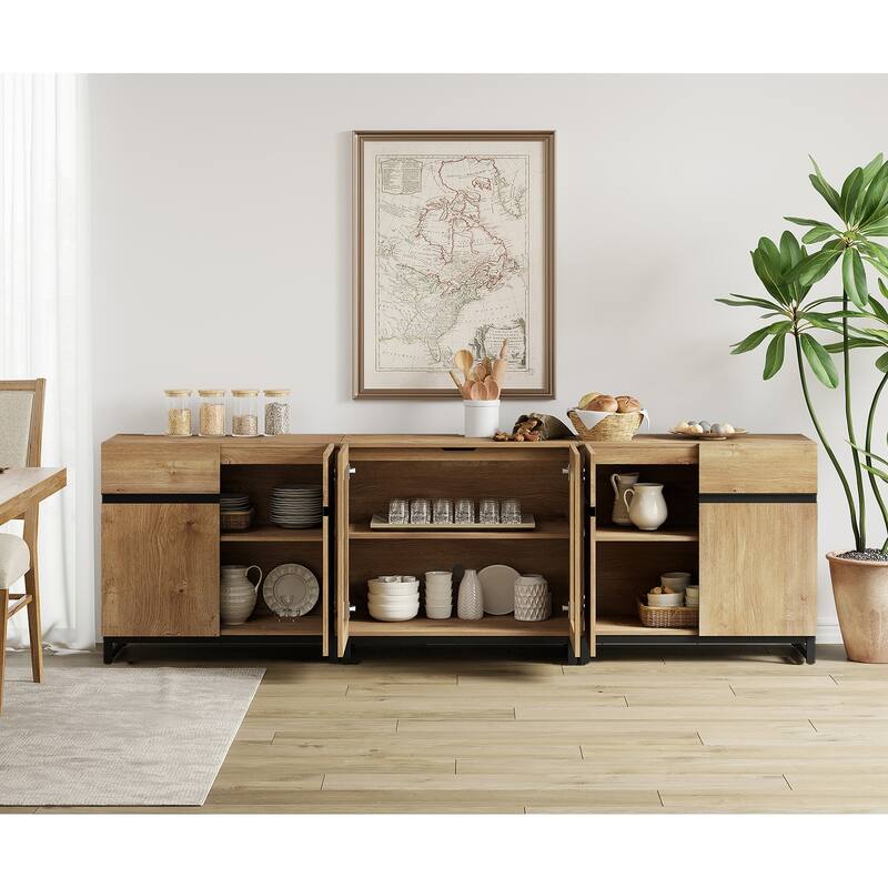 WAMPAT Modern Sideboard with Adjustable Shelves, 3 in 1 Storage Cabinet with Glass Doors, Coffee Bar Cabinet for Kitchen