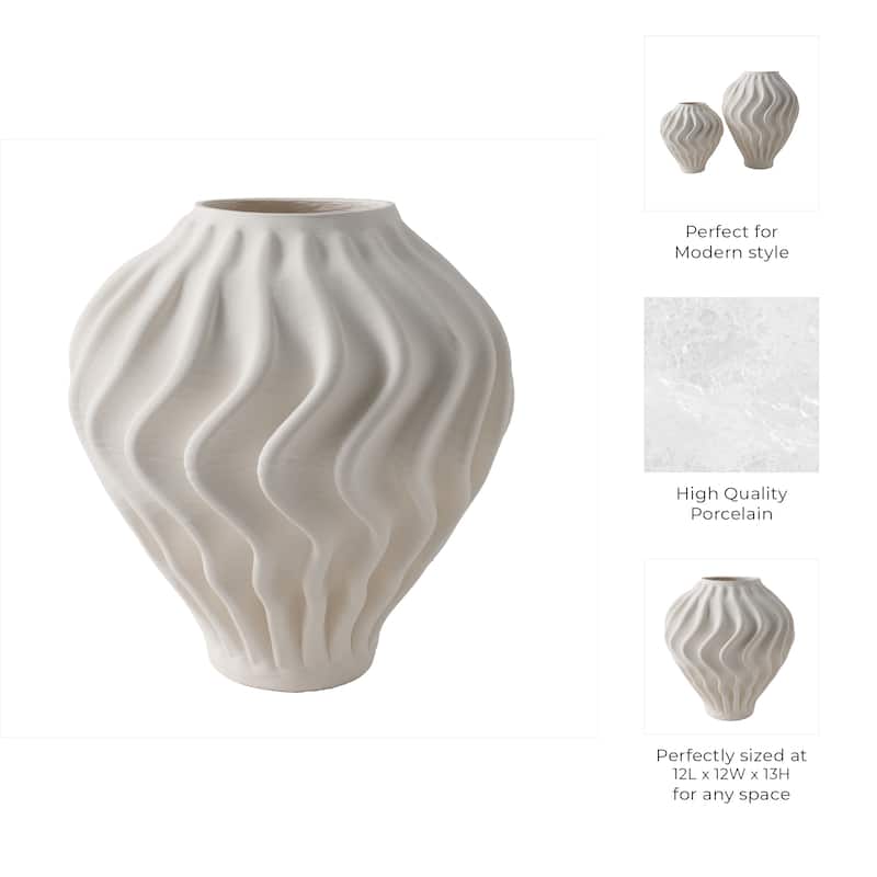 Porcelain Sculptural Vase with Textured Wave Design Modern Form