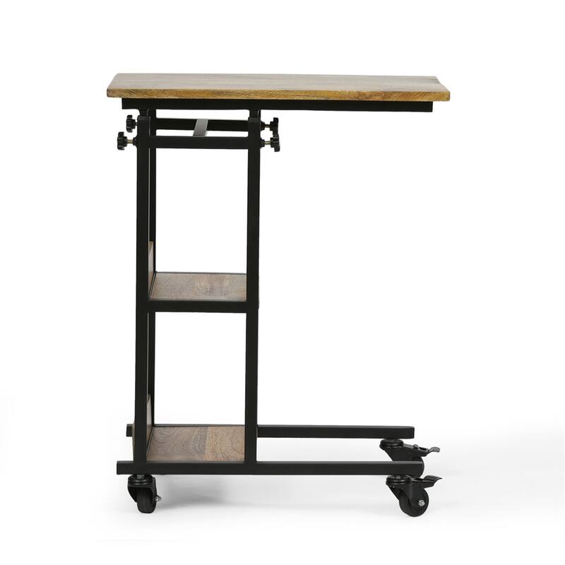 C Shaped End Table with Metal Frame and Wood Top