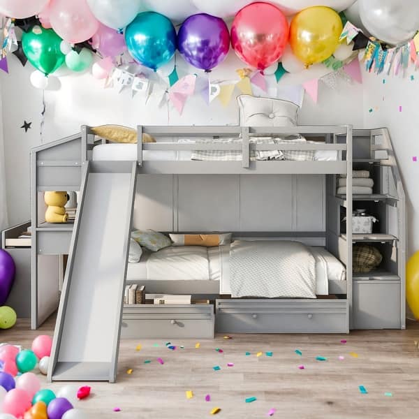 slide 2 of 34, Twin Over Twin Bunk Bed With Storage Staircase,Drawers,Desk Grey