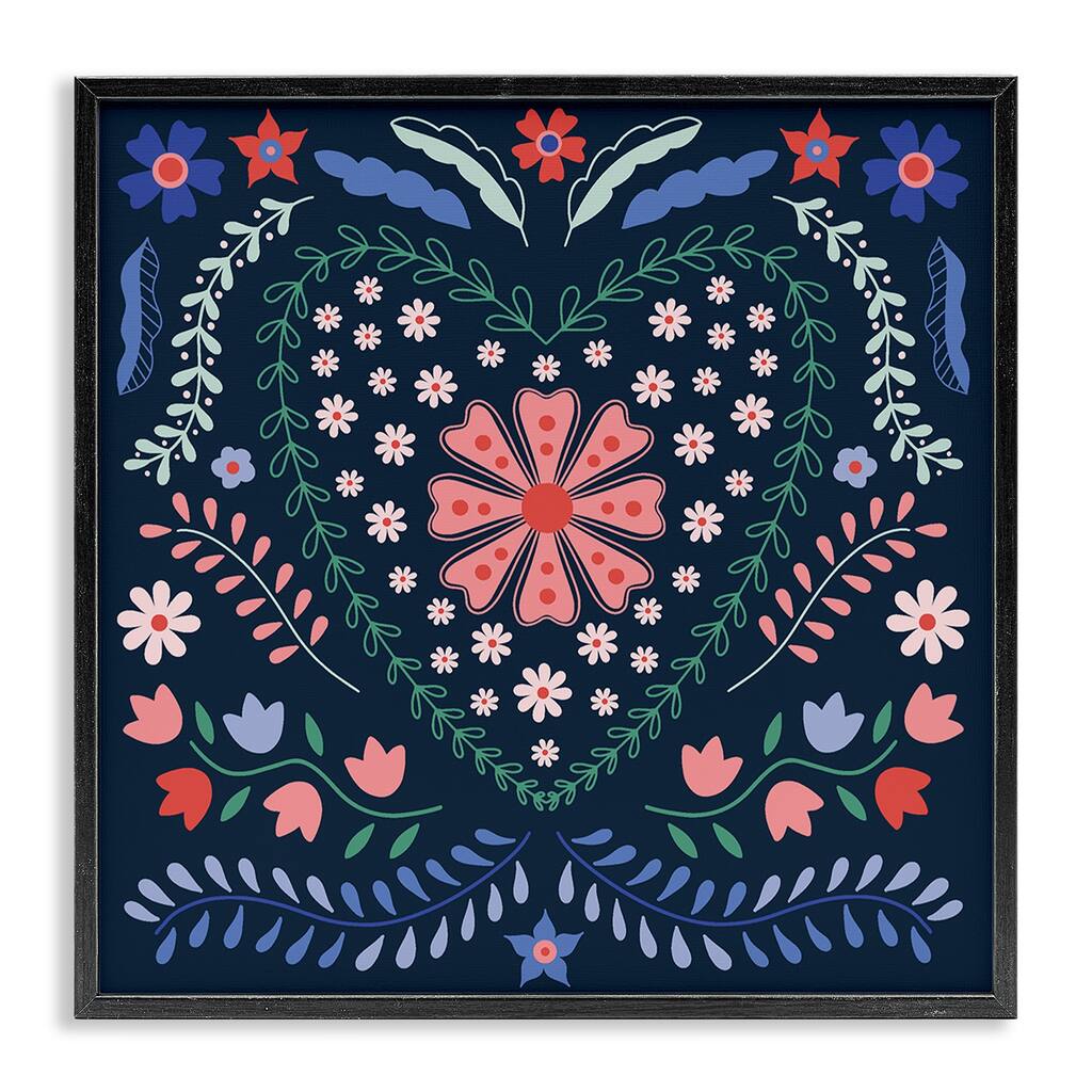 Stupell Folk Flowers in Heart Pattern Framed Giclee Art Design By Sazerelli Designs