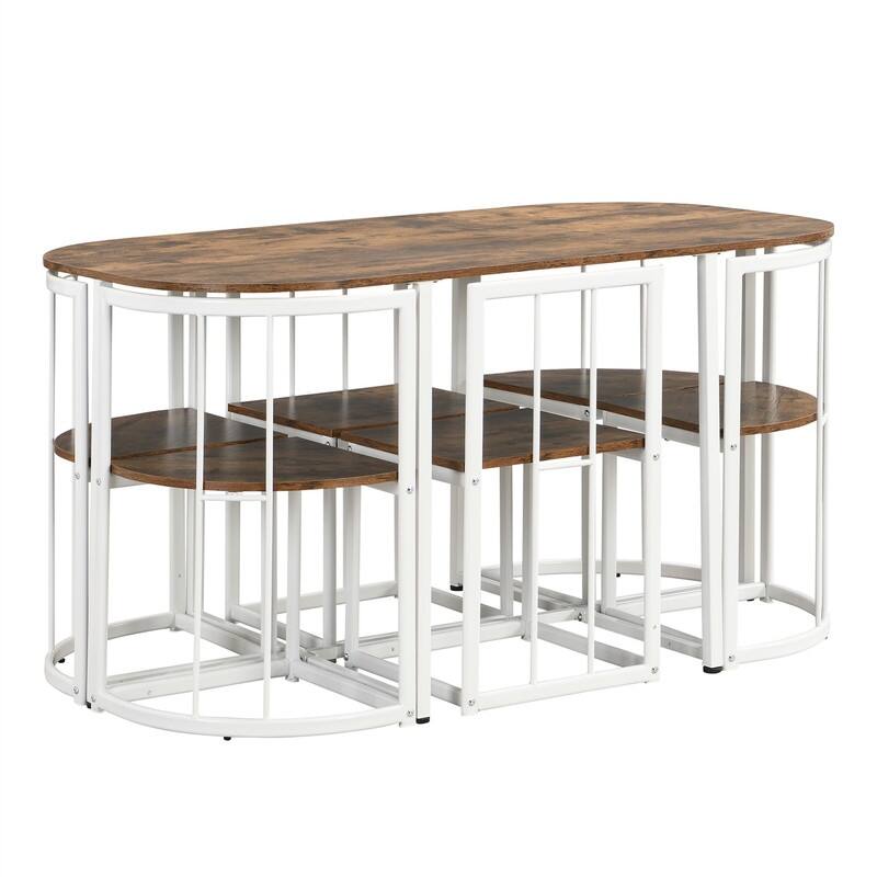 Mid-Century 7-Piece Dining Table Set for 6 People, Kitchen Dining Room Table Set with Faux Marble Dining Table and 6 Chairs