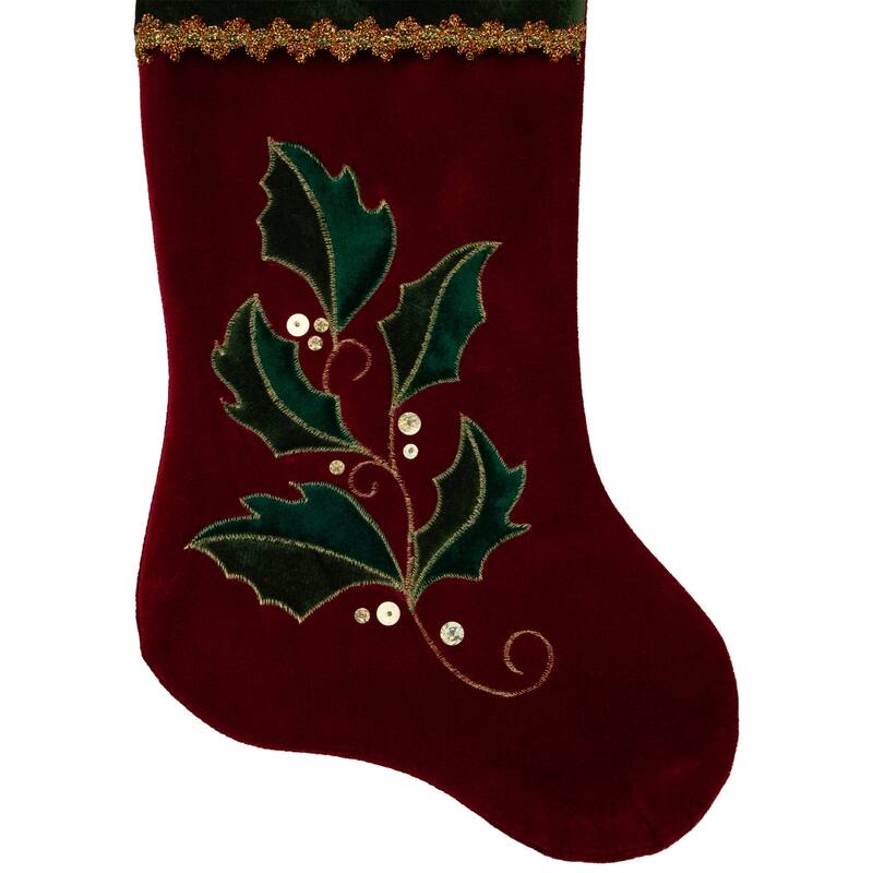 21" Red and Green Holly Embroidered Velvet Christmas Stocking