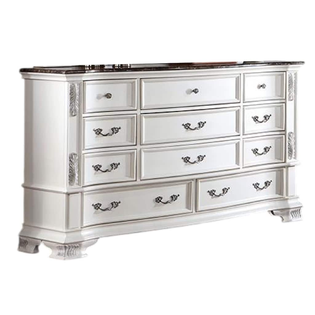 Prio Wide Dresser, 11 Drawers, Marble Top, Carved Pearl White Wood