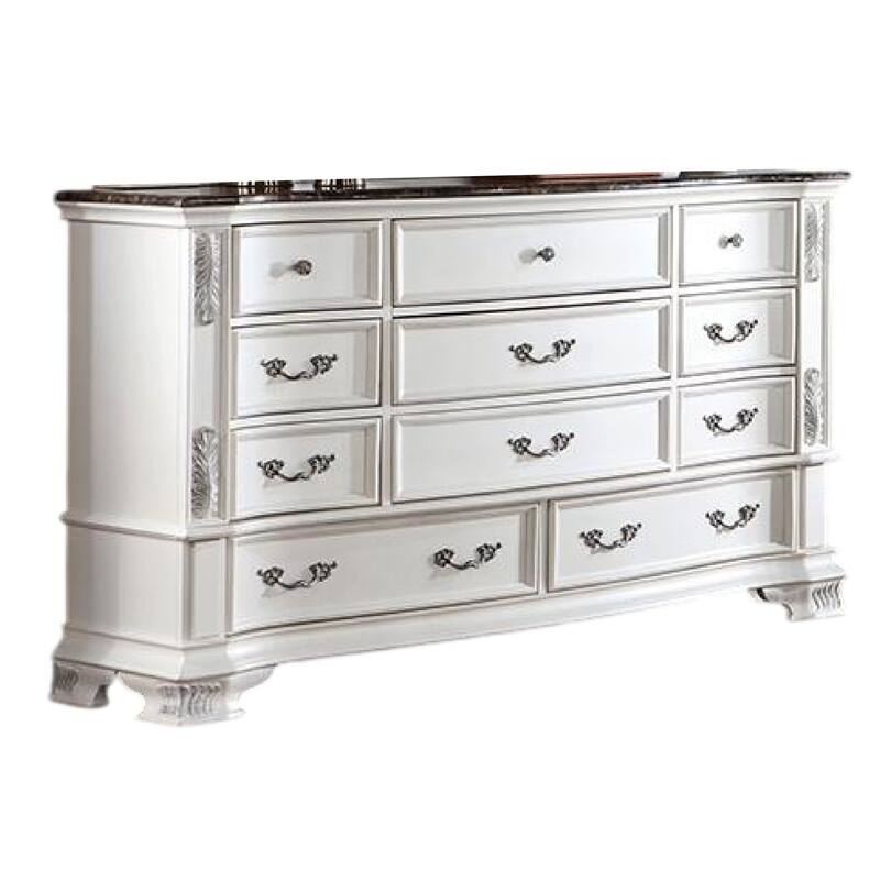 Prio Wide Dresser, 11 Drawers, Marble Top, Carved Pearl White Wood