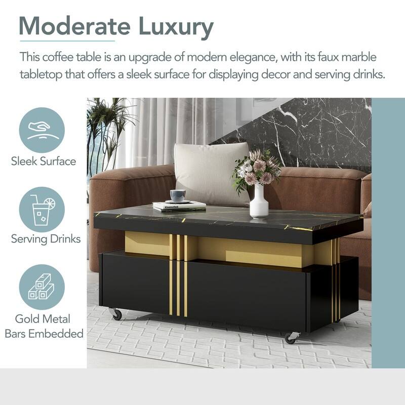 Modern/Luxury Wood Coffee Table For Living Room,Cocktail Table with Storage Drawers,Faux Marble Top