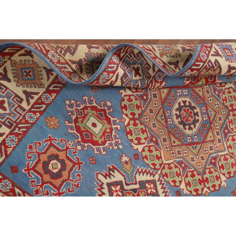 Blue Geometric Kazak Oriental Area Rug Handmade Wool Carpet - 4'10" x 6'7"