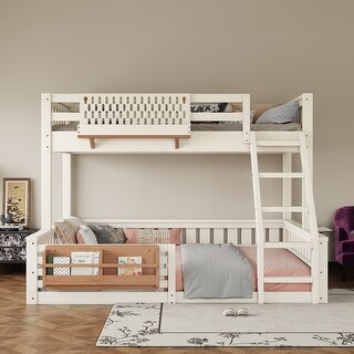 Twin XL Over Queen Bunk Bed With Ladder Guardrails Pegboard Bookshelf ...