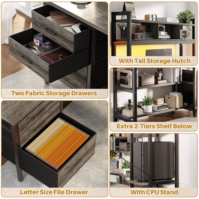 Ultimate L-Shape Gaming Desk with Bookshelf Hutch and 3 Fabric Drawers, Computer Desk with Power Outlets and LED Lights