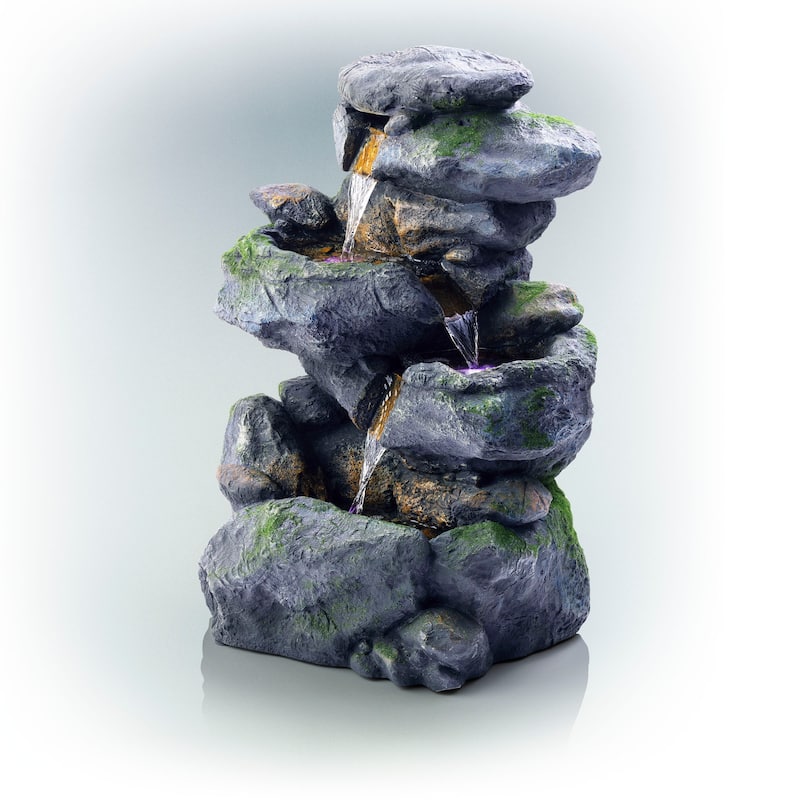 Alpine Corporation - Outdoor 3-Tier Rock Waterfall Fountain with LED Lights for Garden, Patio, Yard, and Porch Decor