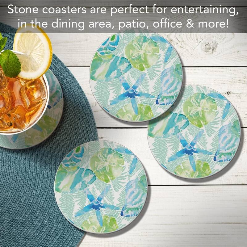 Isla Mona Round Absorbent Stone Coaster 4 Pack with Protective Cork Backing. Manufactured in The USA
