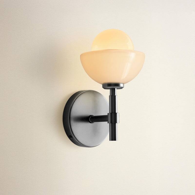Ariel Armed Sconce - Metal, Glass & Gold, Ivory White 1-Light Wall Sconce for Bathroom or Hallway in Modern, Contemporary Style - Matte Black/Ivory White