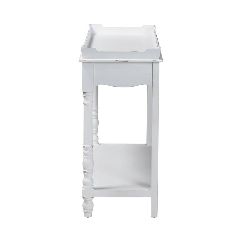 Rafferty Distressed Console Table - Vintage White Accent Table with Ornate Carved Apron and Shelf, Classic Entryway Table