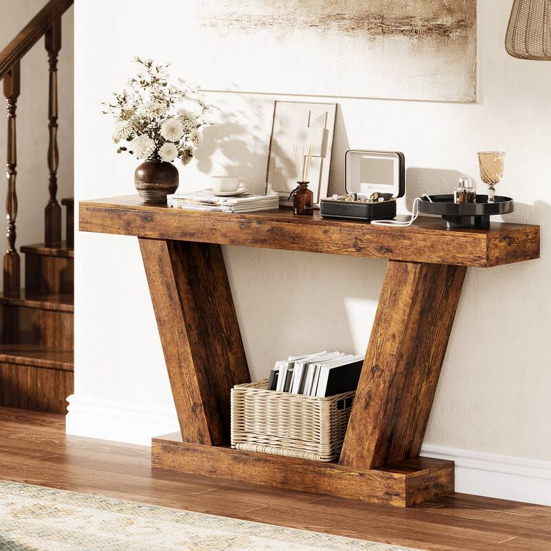 Console Sofa Table, 2-Tier Farmhouse Narrow Behind Couch Sofa, Extra-Long Accent Entryway Table