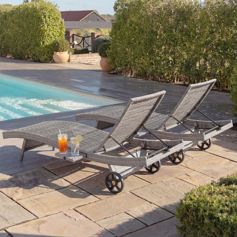 80"Patio Chaise Lounge Chairs Set of 2, Rattan Reclining Chair w/Rolling Wheels & Pull-out Side Table, Adjustable Backrest