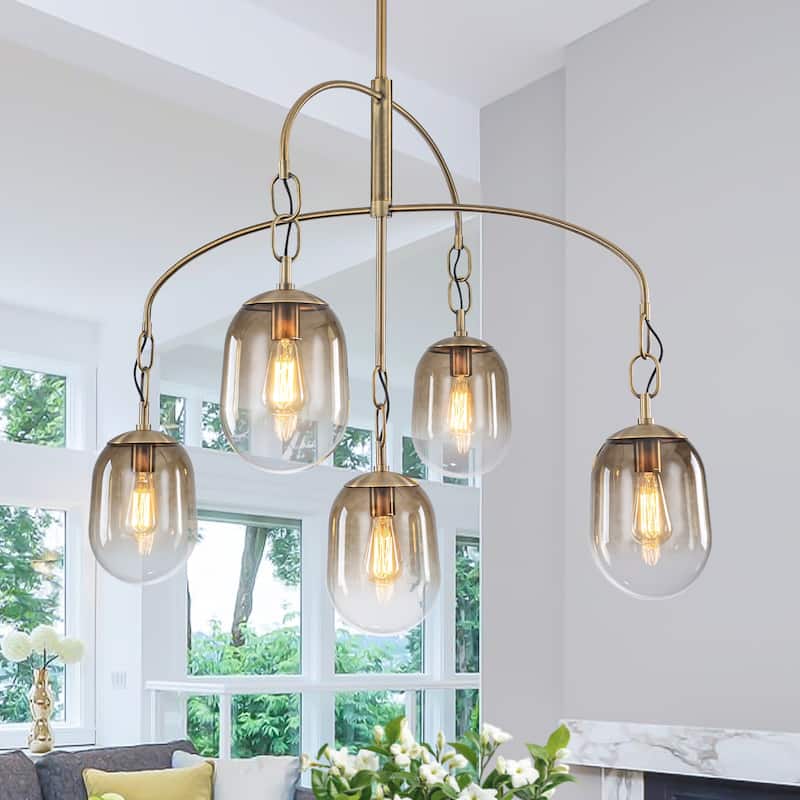 Modern Gold Chandelier Gradient Glass Shades 2-Tier Curved Arm - 5-Lights