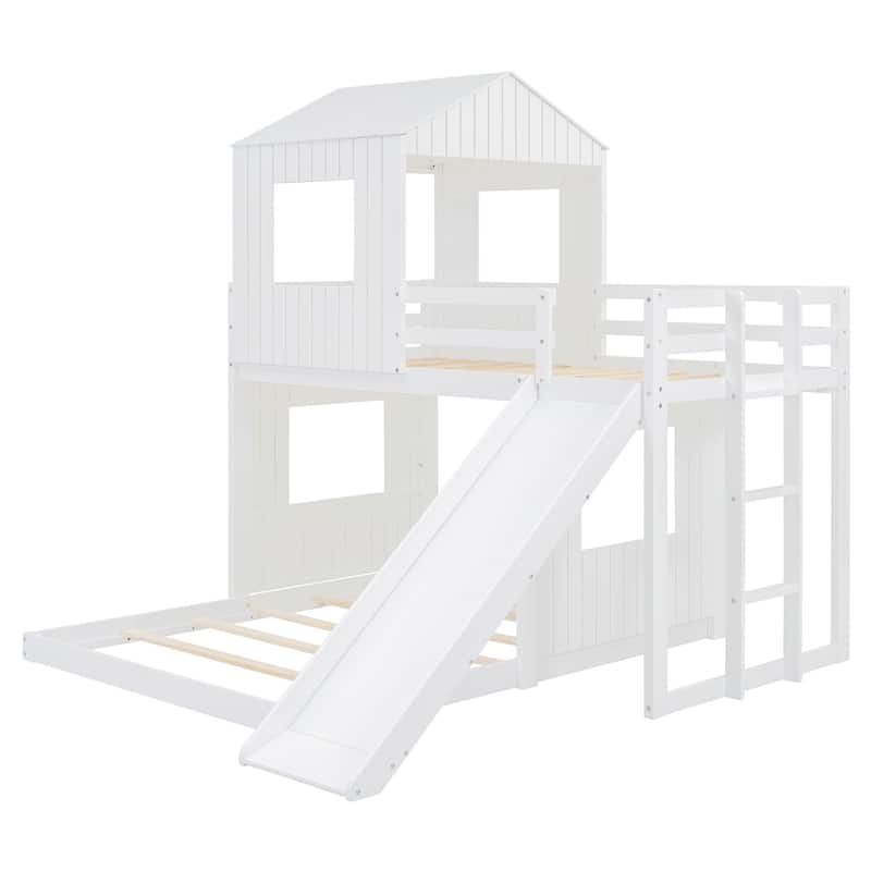 Playhouse Twin Over Full Bunk Bed with Windows and Slide, Solid Pine Wood Frame