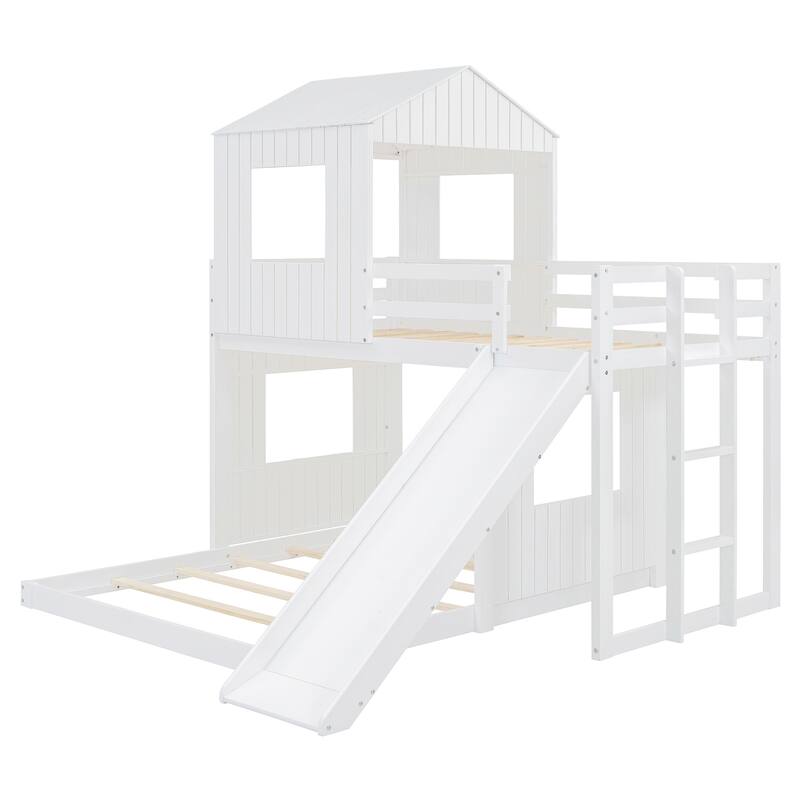 Wooden Twin Over Full Bunk Bed, Loft Bed with Playhouse, Farmhouse, Ladder, Slide and Guardrails