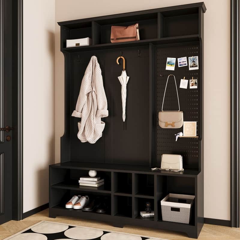 77.17"H Hall Tree with Shoe Bench,Coat Rack,Shoe Storage,Shelves and Pegboard