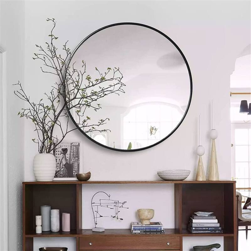 GDFStudio - Rivello Modern Ultra Slim Round Bathroom Vanity Decorative Mirror with Wide Viewing Angle & Metal Frame - Black - 30" x 30"