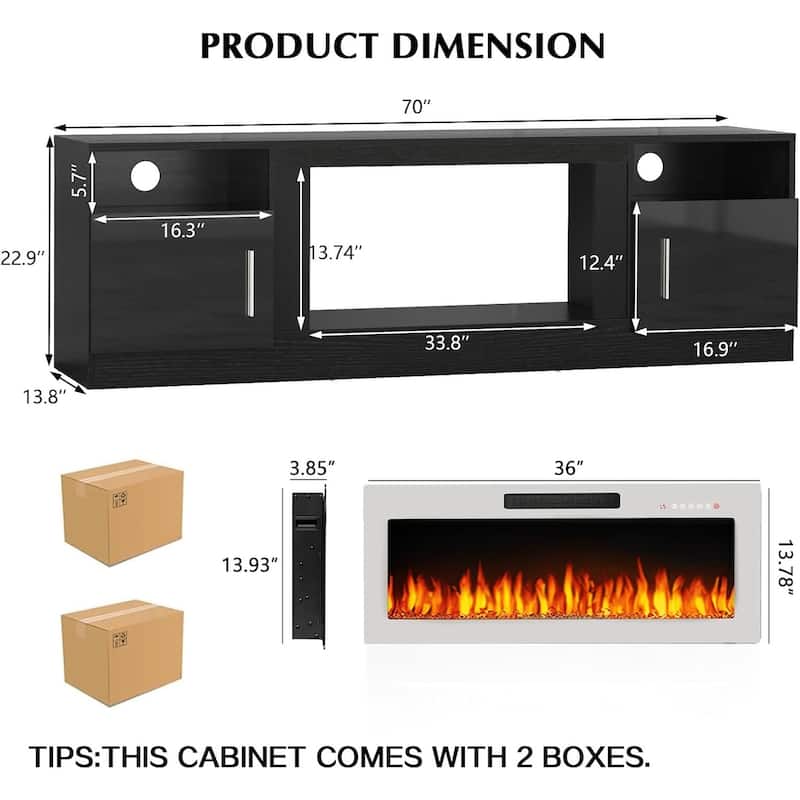 Bossin 70" Fireplace TV Stand with 36" Electric Fireplace, TV Stand for TVs Up to 80", 16 Colors LED Lights/Entertainment Center