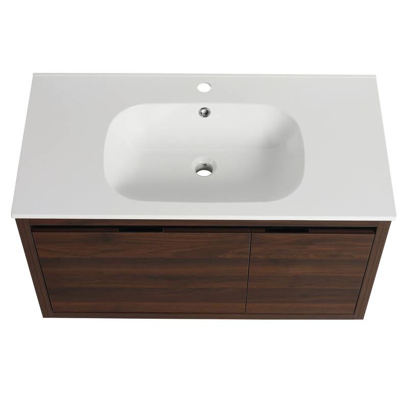 36 in. Plywood Wall Mounted Bathroom Vanity Set in California Walnut with Integrated Resin Sink