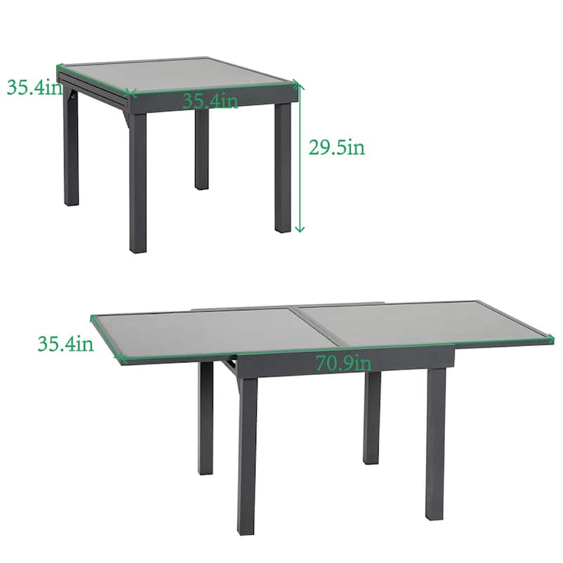 VredHom Outdoor Tempered Glass Top Aluminum Extendable Dining Table - 35.4 in W x 35.4-70.9 in L x 29.5 in H