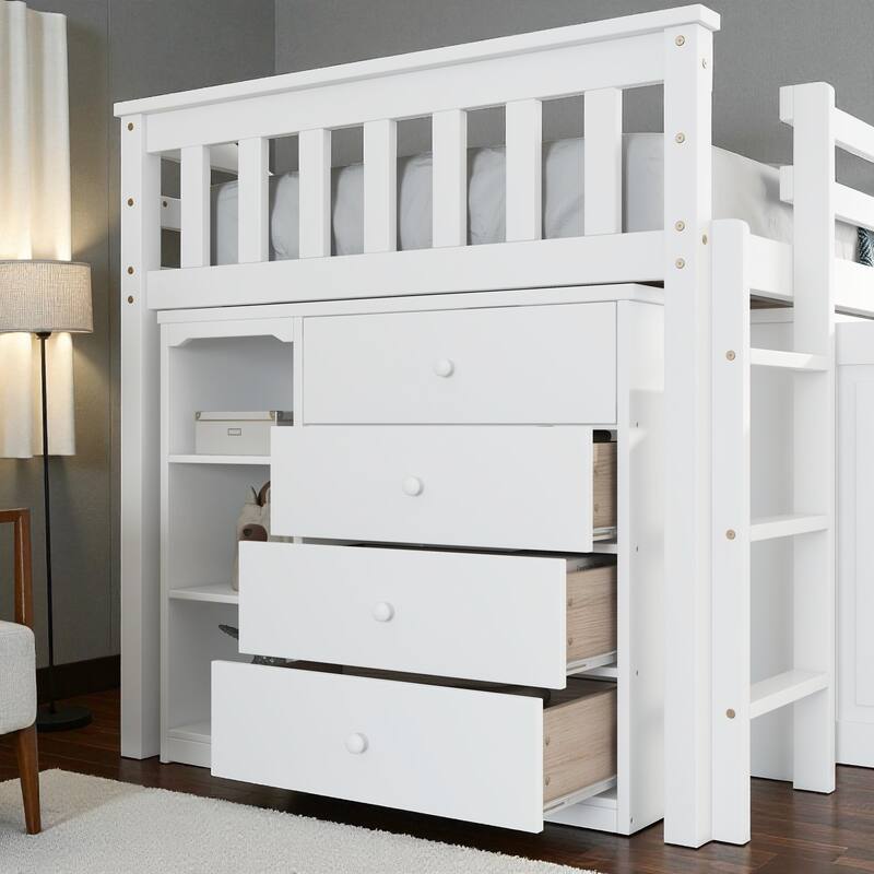 Twin Size Rubber Wood Loft Bed with Pull-Out Desk, Storage Cabinets, Drawers and Shelves, Safety Guardrail and Ladder