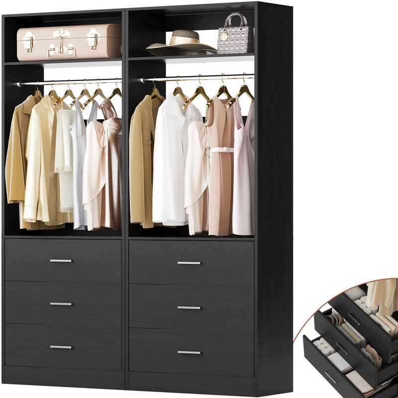 Kyrvo Freestanding Closet Sytem with 3 Wooden Drawers and Hanging Rod and Storage Shelf, Walk-in Closet Organizer Wardrobe