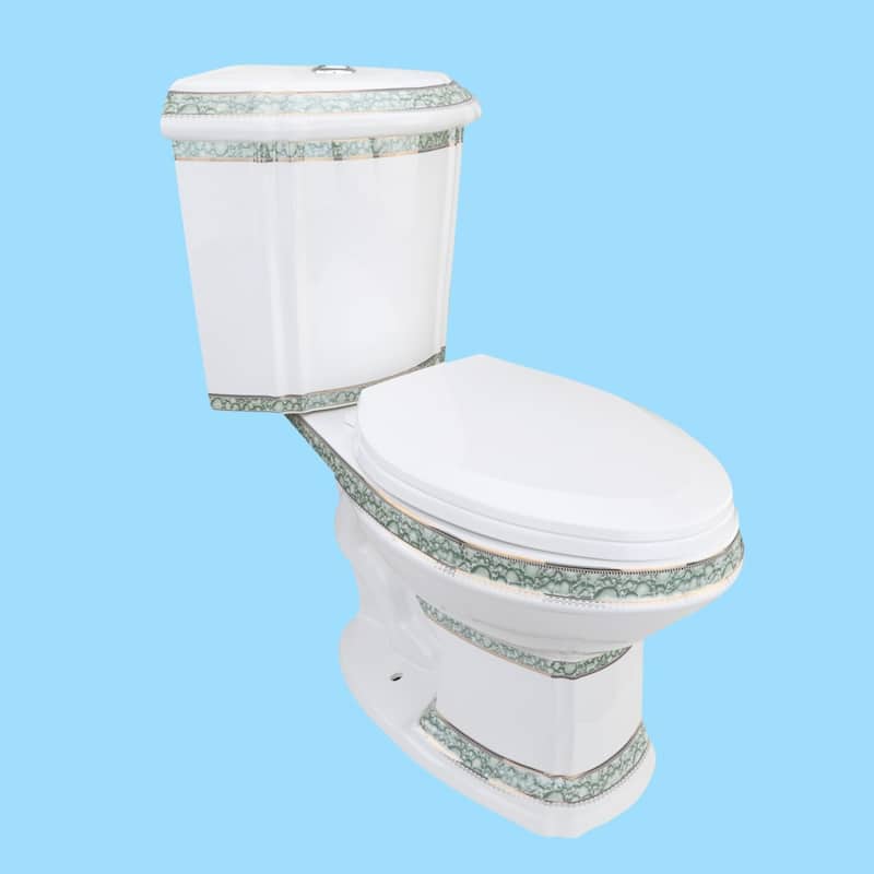 Corner Two Piece Toilet India Reserve with Elongated Bowl with Green Gold Accent and Slow Close Toilet Seat Renovators Supply