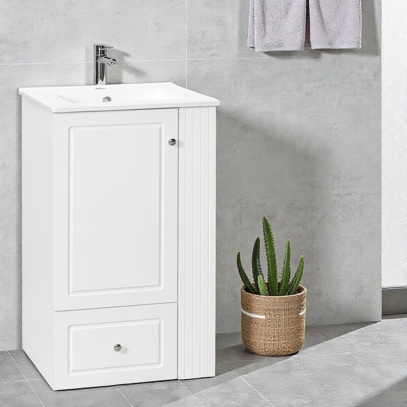 20" Small Bathroom Vanity with Ceramic Sink, Soft-Close Drawer, Open Shelves & Towel Bar, Modern MDF Freestanding Cabinet
