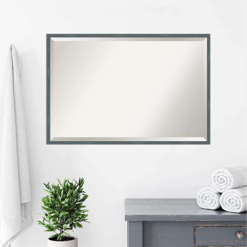 Beveled Wood Bathroom Wall Mirror - Dixie Blue Grey Rustic Narrow Frame