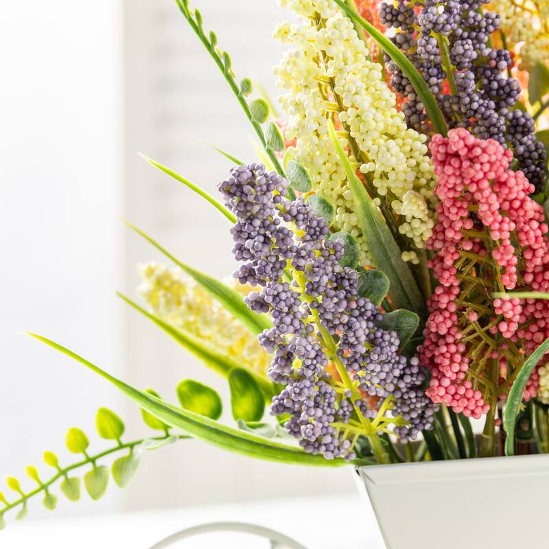 Glitzhome 11"H Pink, Purple & Yellow Mixed Heather Cart Centerpiece