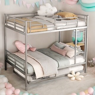 Full Over Full Metal Bunk Bed with Trundle, Trundle Bed, Silver