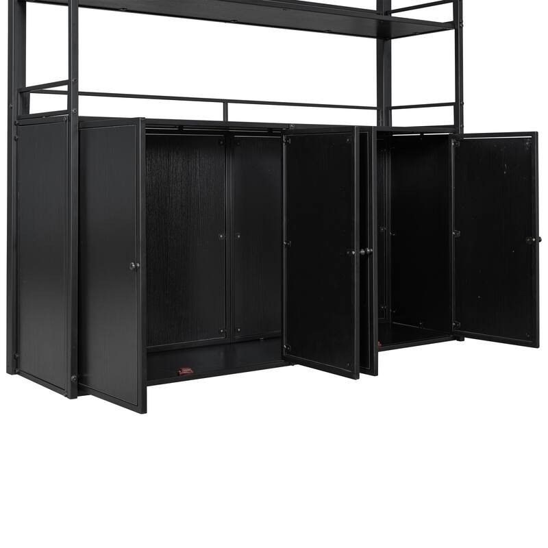 Full Loft Bed with Built-in Wardrobe, Storage Staircase & Shelves, Metal Frame