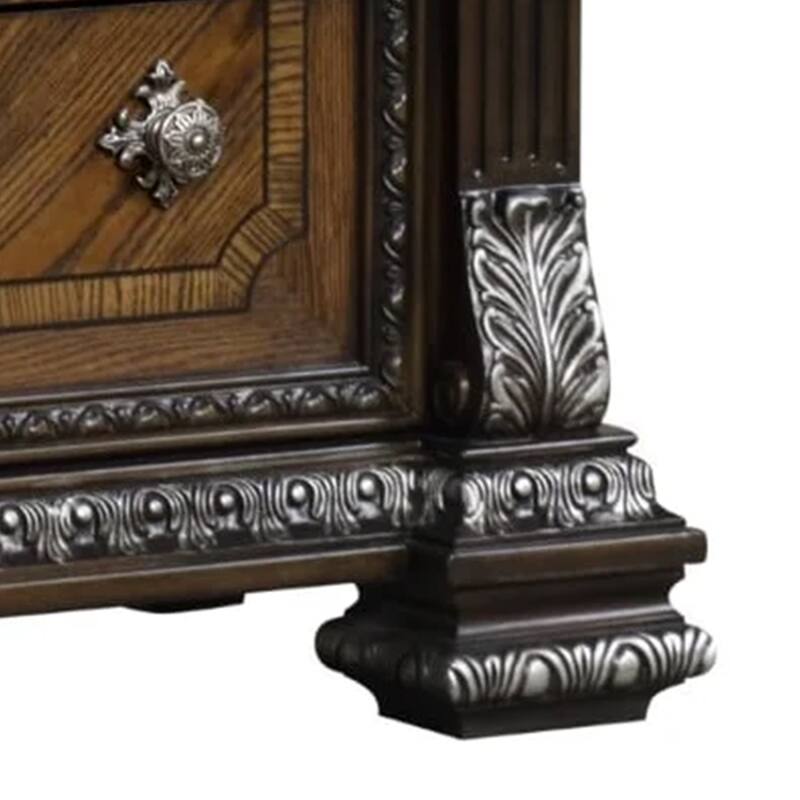 Naddy Tall Dresser Chest, Brown Pine Wood, Ornate Carving