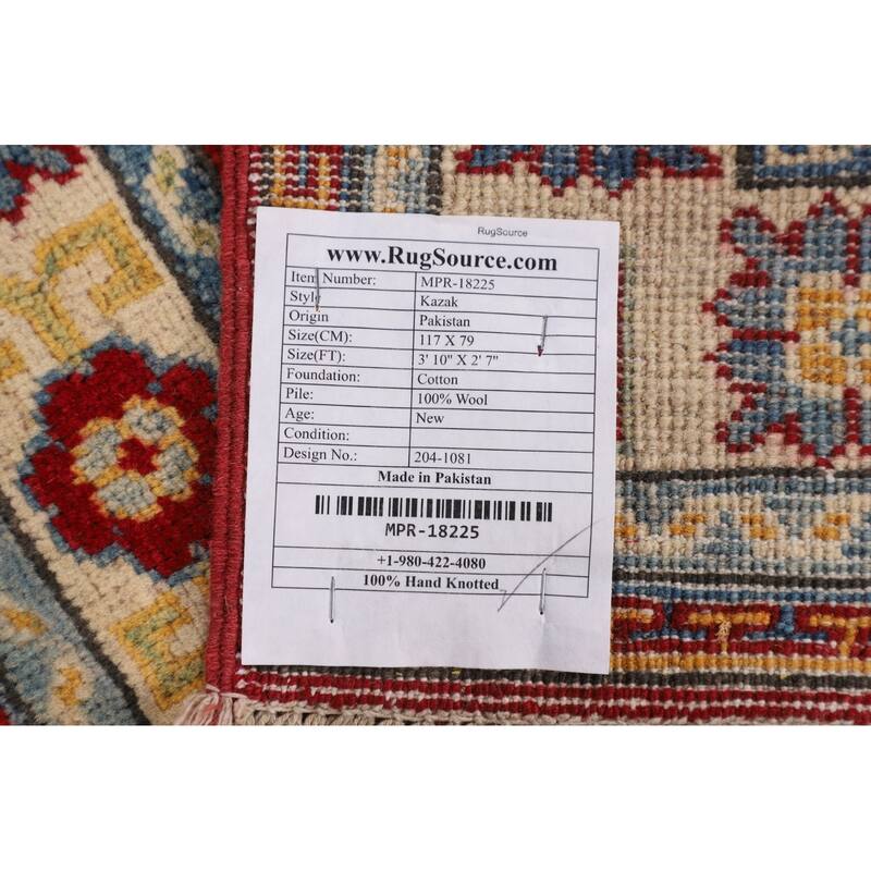Kazak Accent Rug Hand-Knotted Red Traditional Wool Carpet - 2'7" x 3'10"