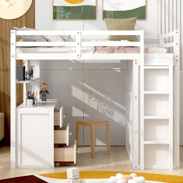 slide 2 of 9, Modern Twin Size Loft Bed With Drawers,Desk and Wardrobe,Sturdy Construction White