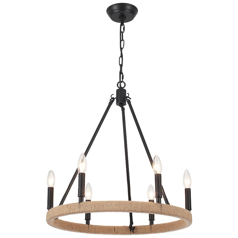 6-Light Rustic Hemp Rope Wagon Wheel Chandelier for Bedroom Foyer Entryway