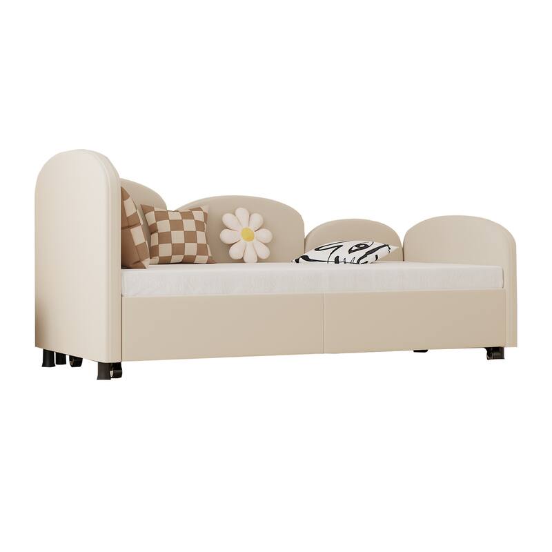 Twin Size Velvet Upholstered Daybed, Platform Bed Frame with Flower Design, Trundle Ideal for Bedroom and Guest Room