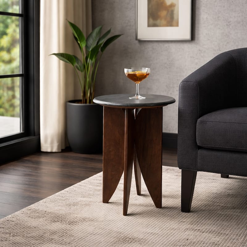 Contemporary Round Pedestal Stone Top Accent Table - 24" - Black/ Brown - 23.5"