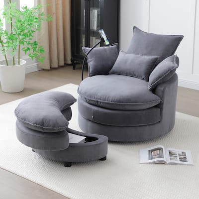 360° Swivel Accent Barrel Chair with 4 Pillows, Grey Fabric, for Bedroom and Living Room