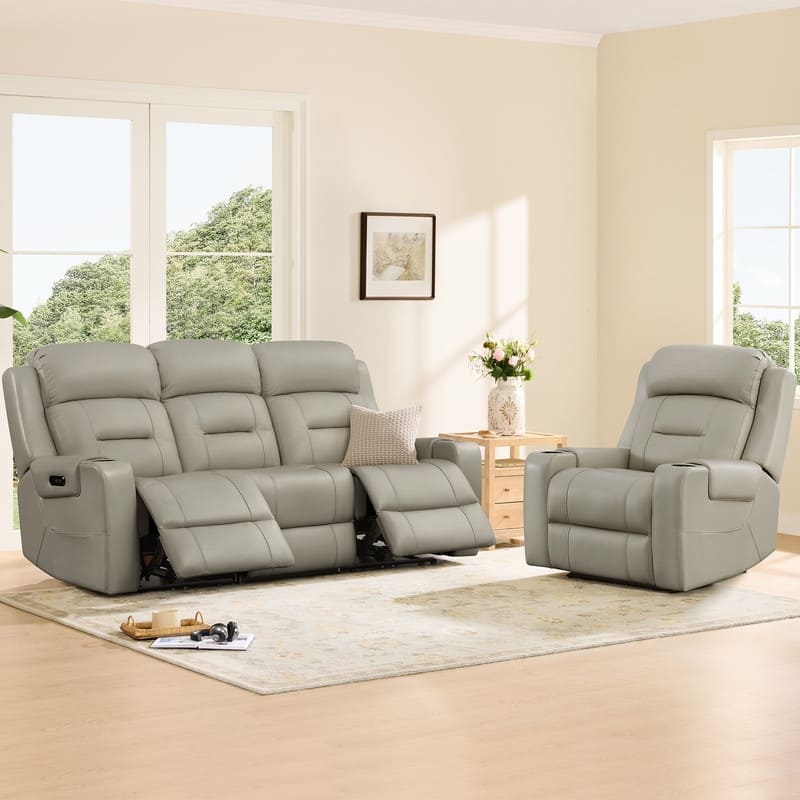 Spruce & Spring Genuine Leather Power Reclining Sofa with Wireless Charging