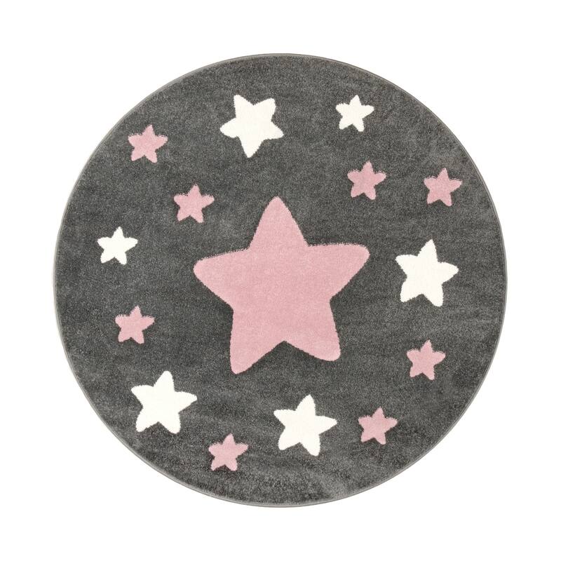 Nursery Rug with Stars for Kids Room Starry Sky in Grey and Cream - 5'3" Round - grey