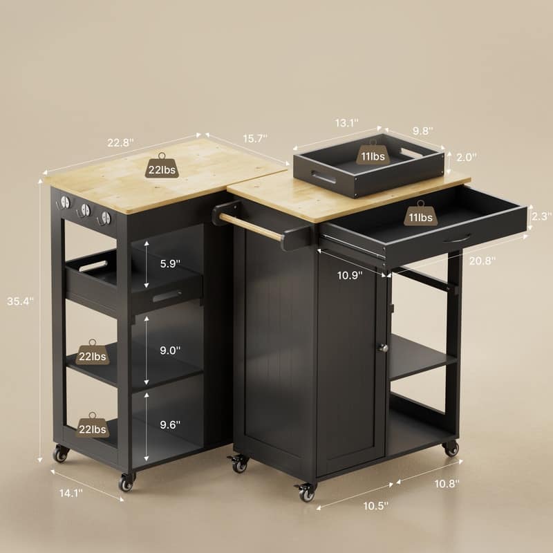 Kitchen Trolley Rolling Island Cart with 1 Drawer, Storage Cabinet and 3 Tier Storage Shelves