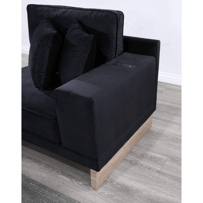 122.5"W Black Velvet Reversible Sofa Ottoman with Storage, USB & Charging, 4 Pillows