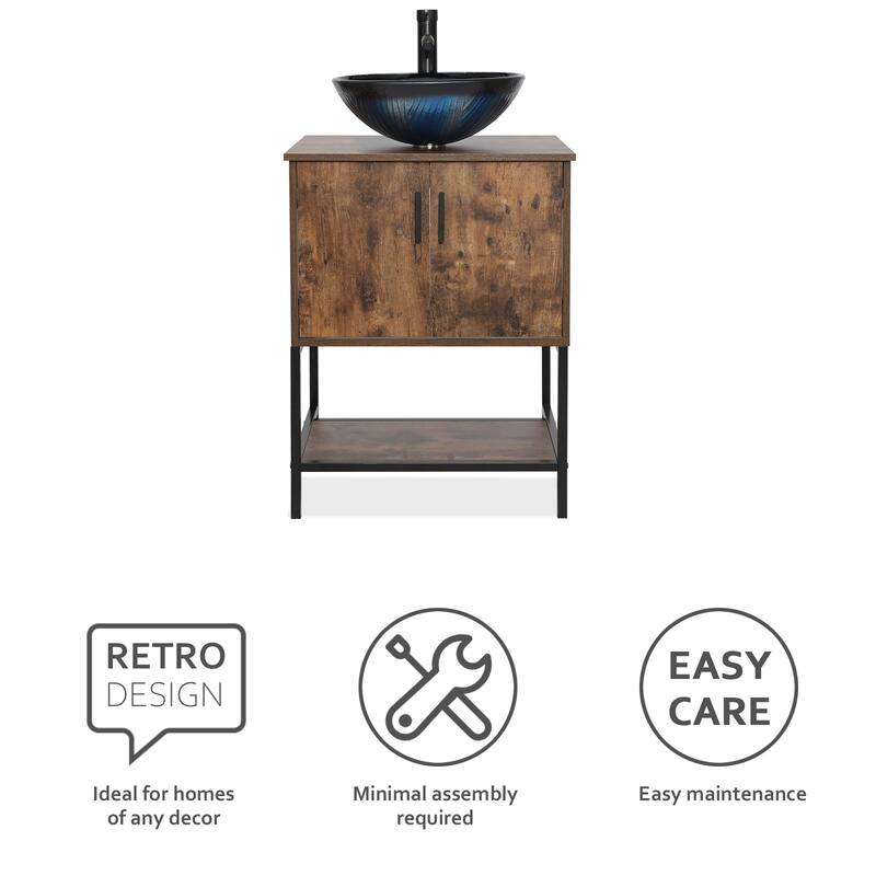 24" Bathroom Vanity Sink Set Brown Free-standing Manufactured Wood with Sink Faucet Drain Combo